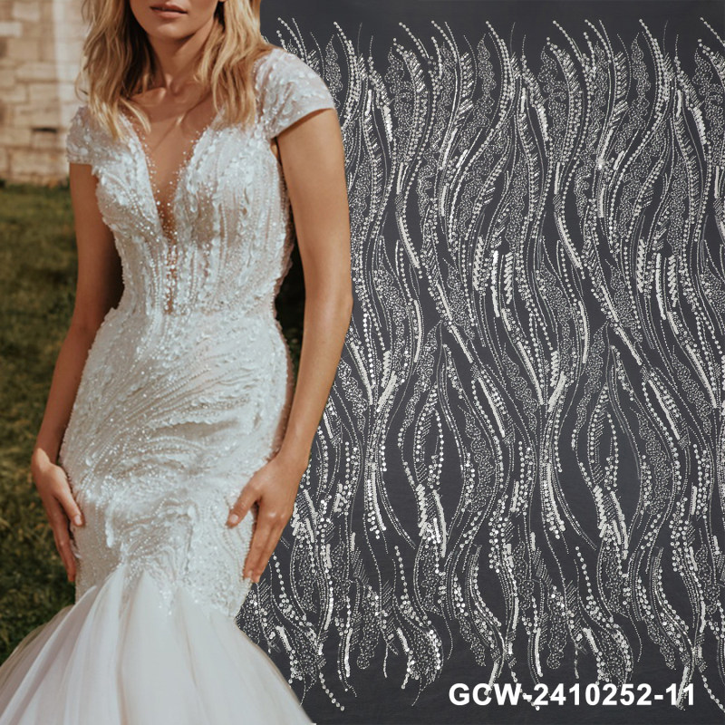 Crystal Sequins Embroidery with luxury heavy beaded Exclusive Lace Fabric for Bride Dresses